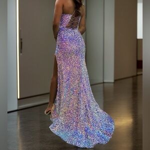 Sheath V-Neck Sequin Sweep Train Velvet Sequin Dress size 16W Sky Blue